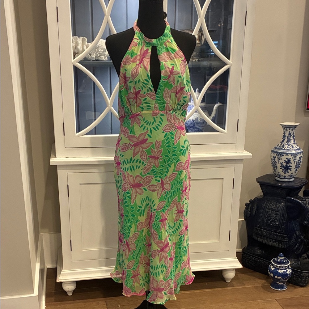 Vintage Lilly Pulitzer 100% Silk  Gianna Butterfly Halter Dress